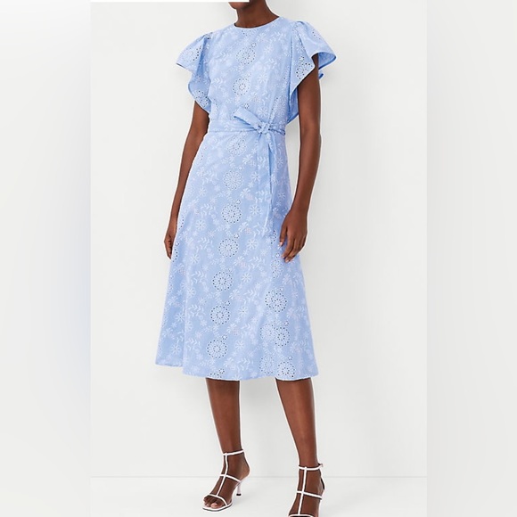 Ann Taylor Dresses & Skirts - Ann Taylor Eyelet Flutter Sleeve Belted Midi Dress NWT size 8